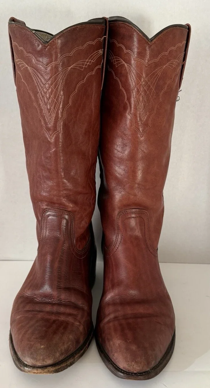 Vtg Frye Leather Cowboy Boots 3029 Brown Western Stitched USA 80s Sz 8.5 EE Wide
